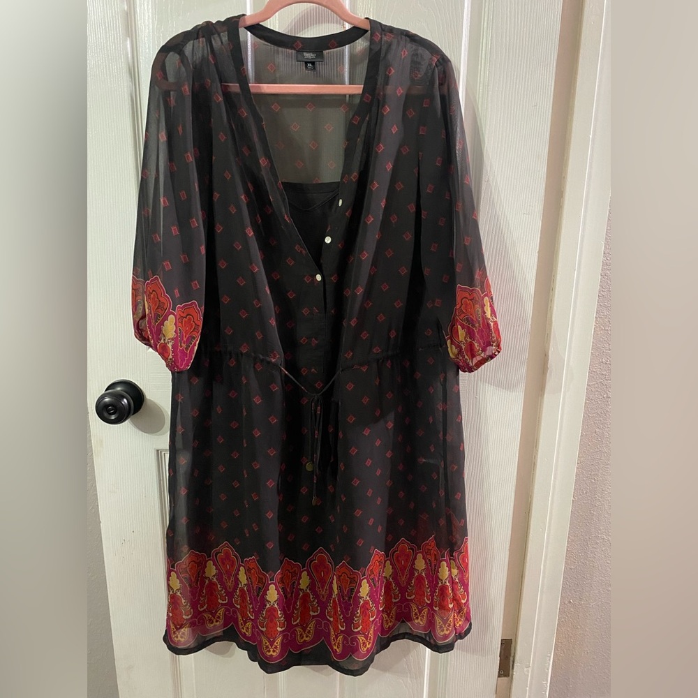 Sheer Black Midi Dress with Red-Pink Border Embroidery